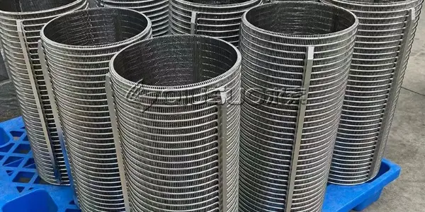 Several screw press separator wedge wire screens on plastic pallet