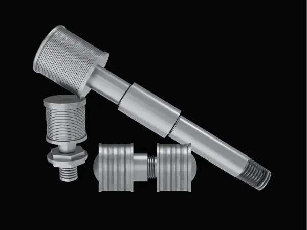 Different types of wedge wire nozzles on black background.